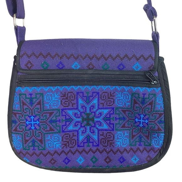 Blue Purple Embroidered Star Cross Adjustable Crossbody Hard Body Cotton Purse - Picture 3 of 6